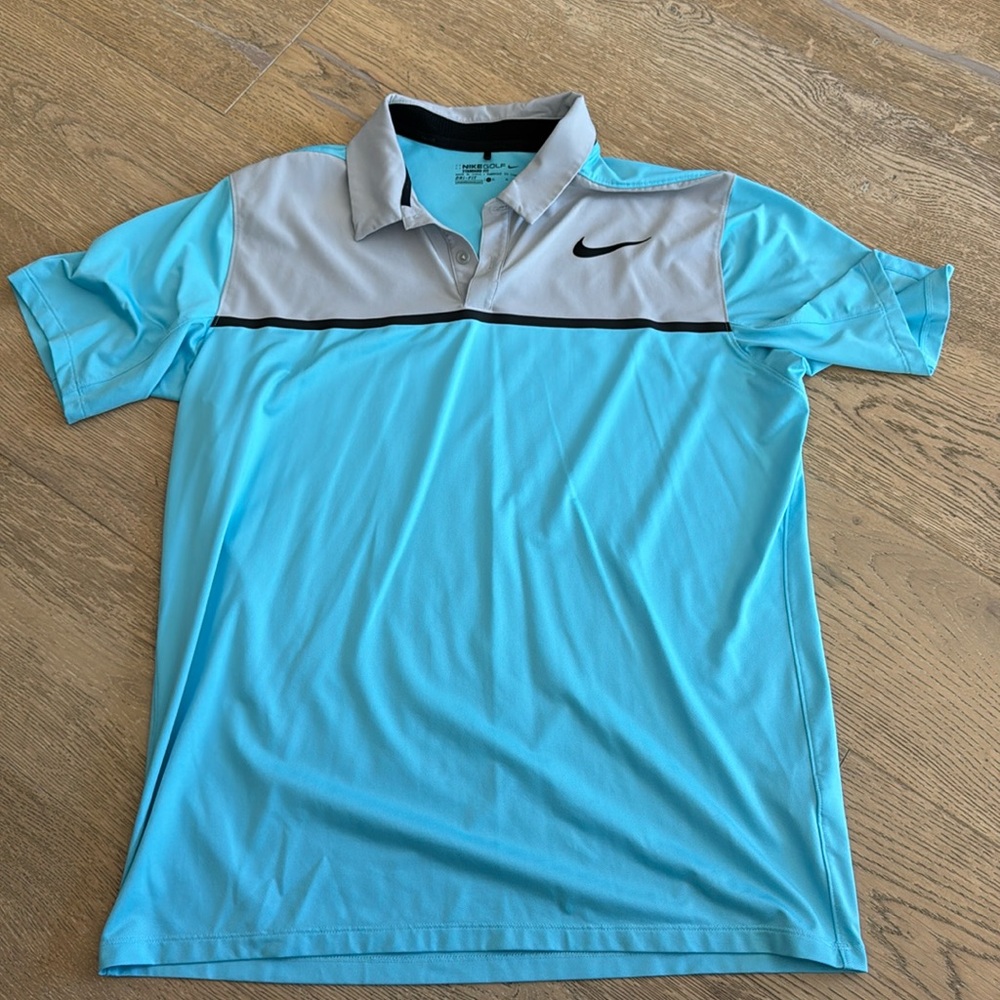 Nike Golf Short Sleeve Polo Shirt Dri Fit LARGE Blue SILVER GREY BLACK STRIPE